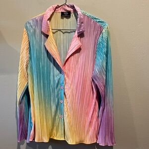 Dressed in Lala Rainbow Multicolor Pleated Button-Front Women's Long Sleeve Top